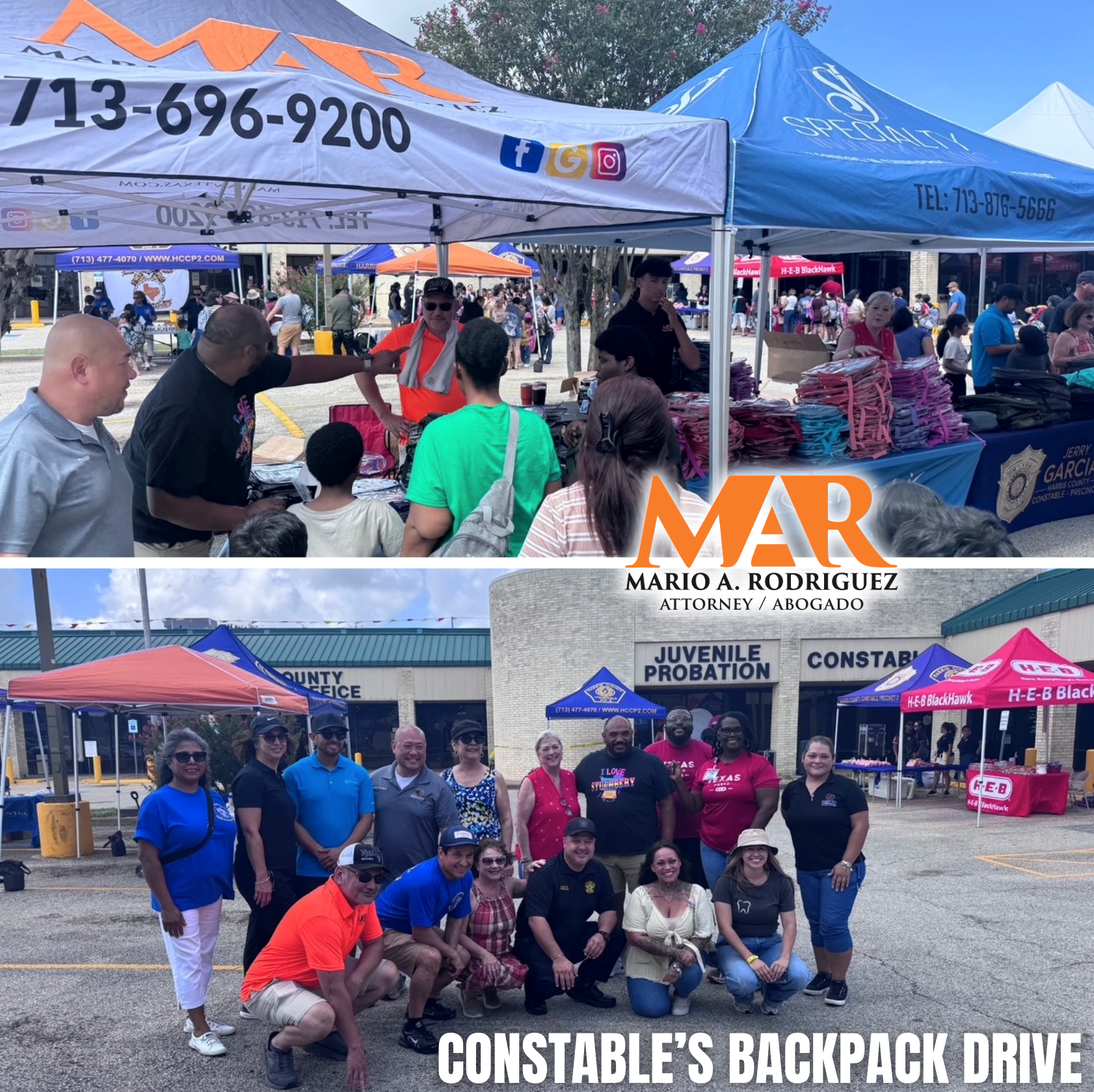 Community event tents with volunteers and boxes for “Constable’s Backpack Drive” and “Mario A. Rodriguez” signage