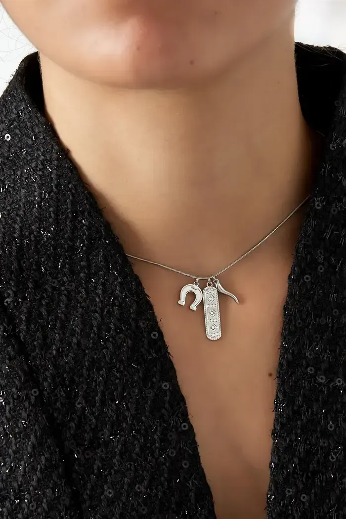 Een gouden ketting met een hoefijzer en een zuurstokhanger