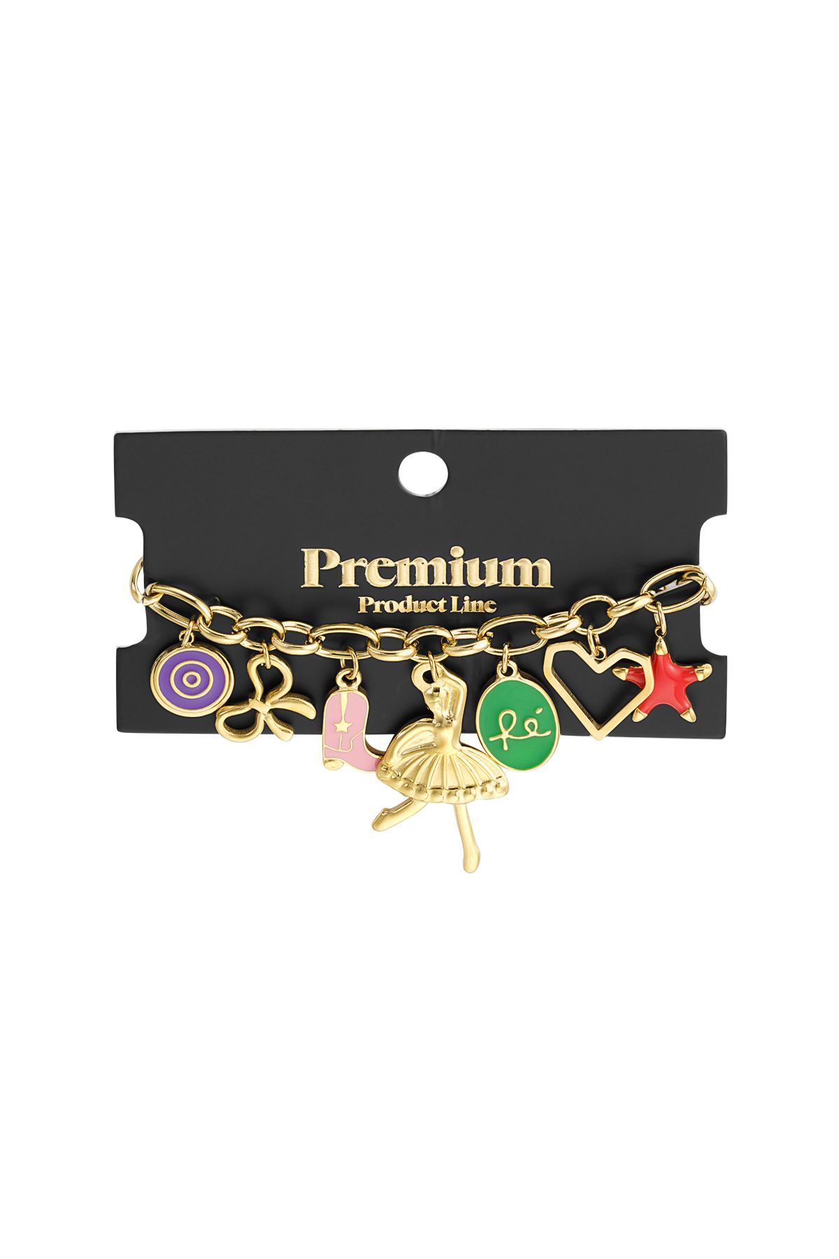 Een gouden bedelarmband met een ballerina, een hart, een strik en een ster