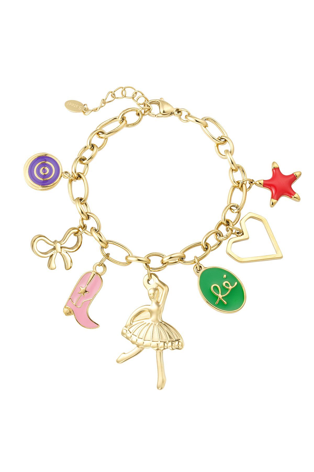 Een gouden bedelarmband met een ballerina, een hart, een strik en een ster