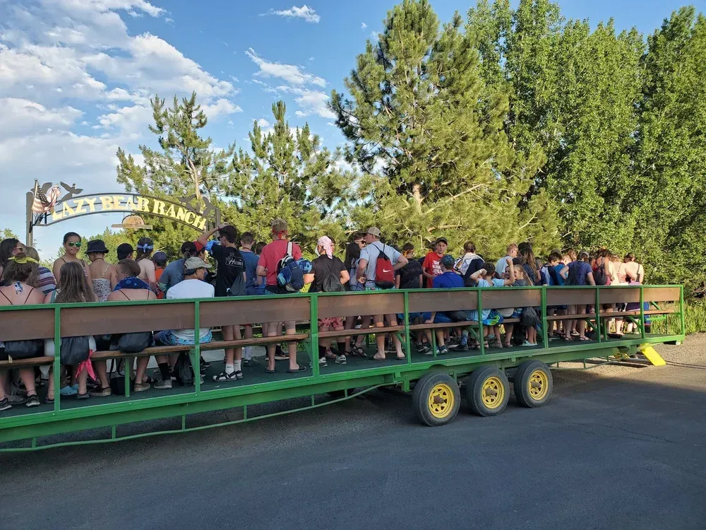 People seated on a green wagon trailer at an outdoor farm attraction under a sunny sky.