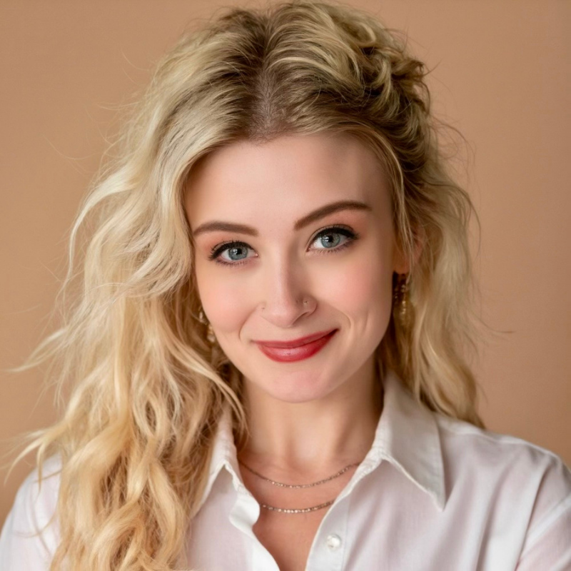 Smiling blonde person in a white shirt against a beige background