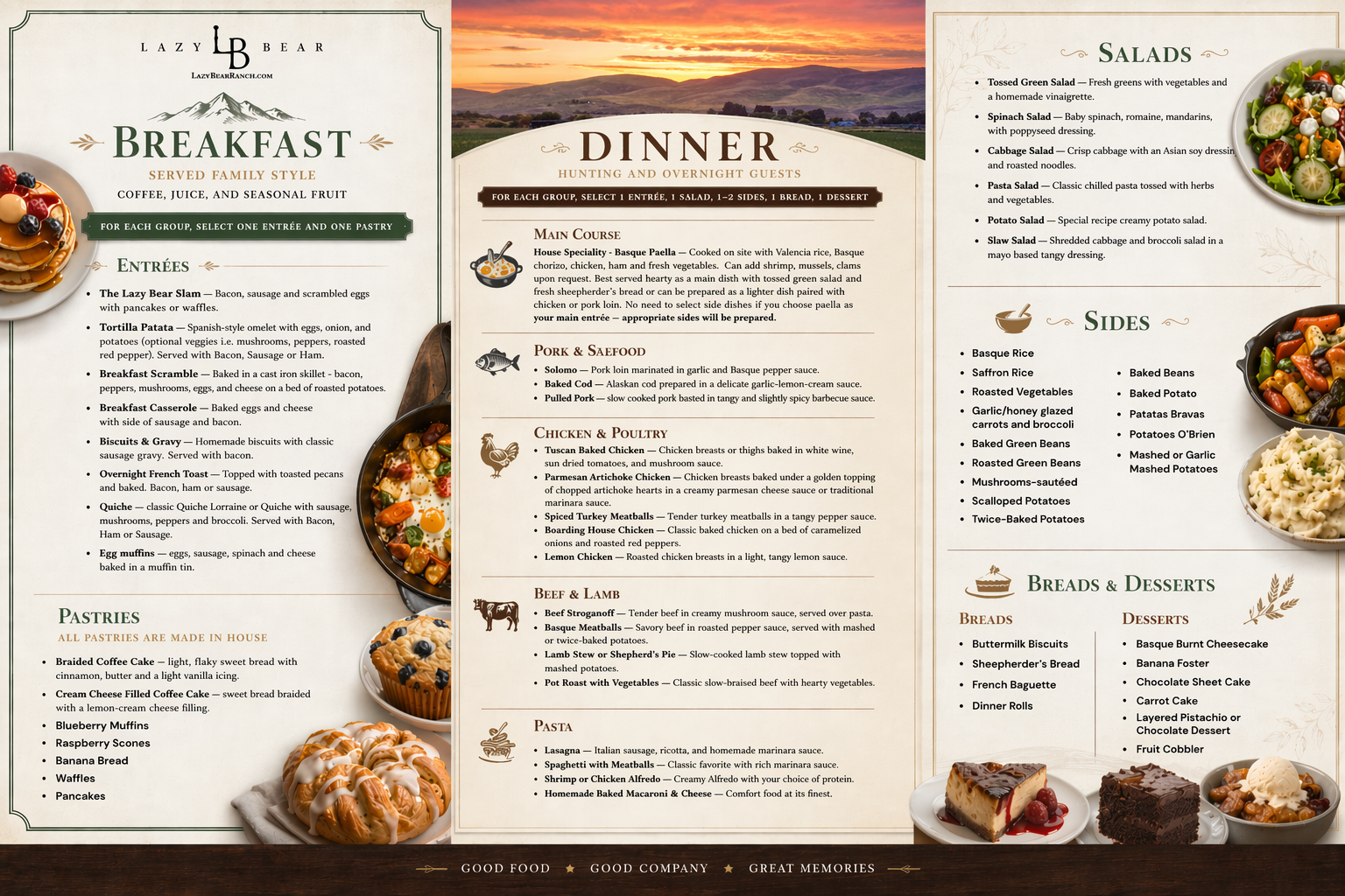 Three-column breakfast, dinner, and salad restaurant menu with food photos and beige backgrounds