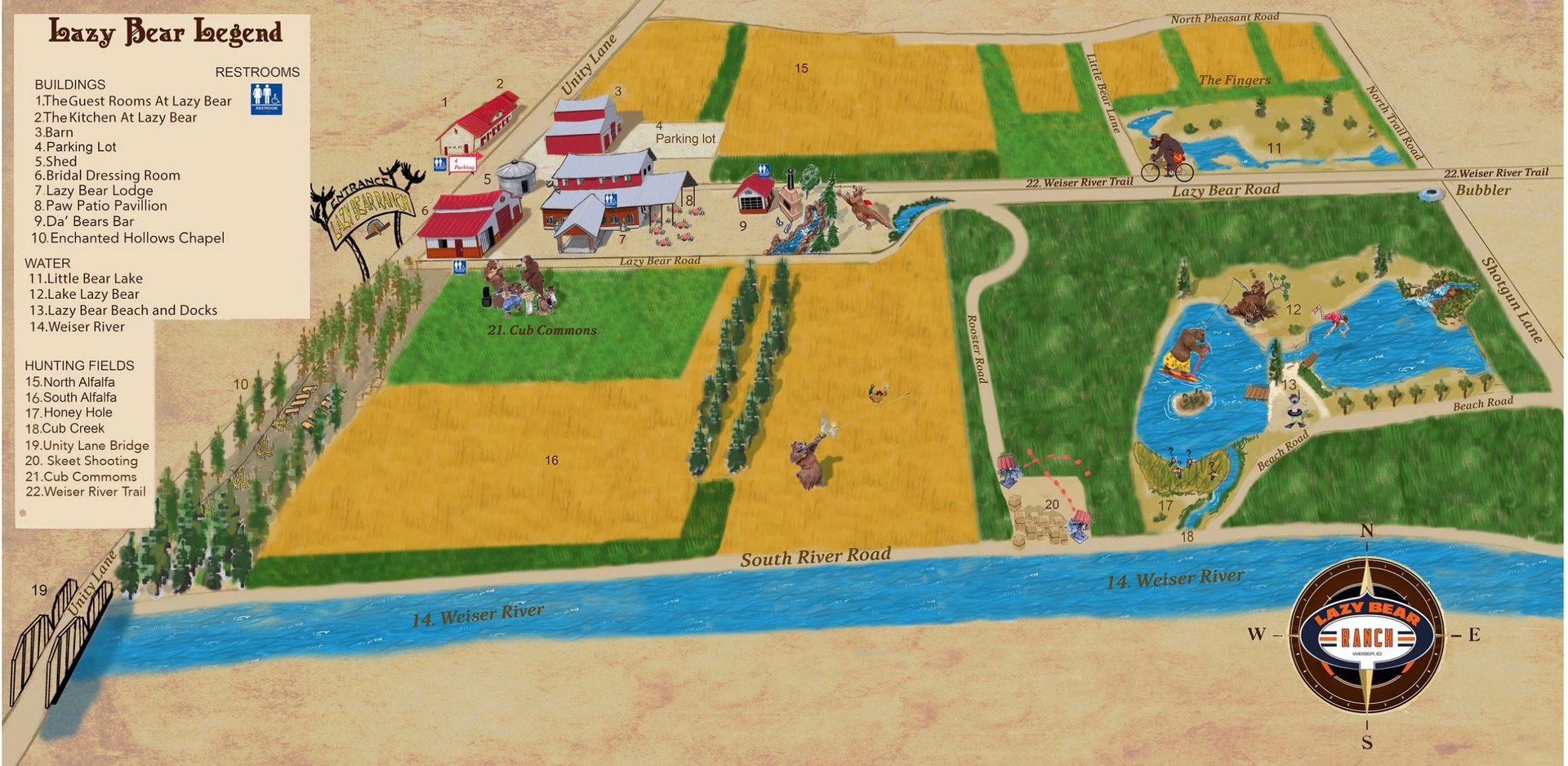 Illustrated map of a farm landscape with fields, barns, a pond, and a river