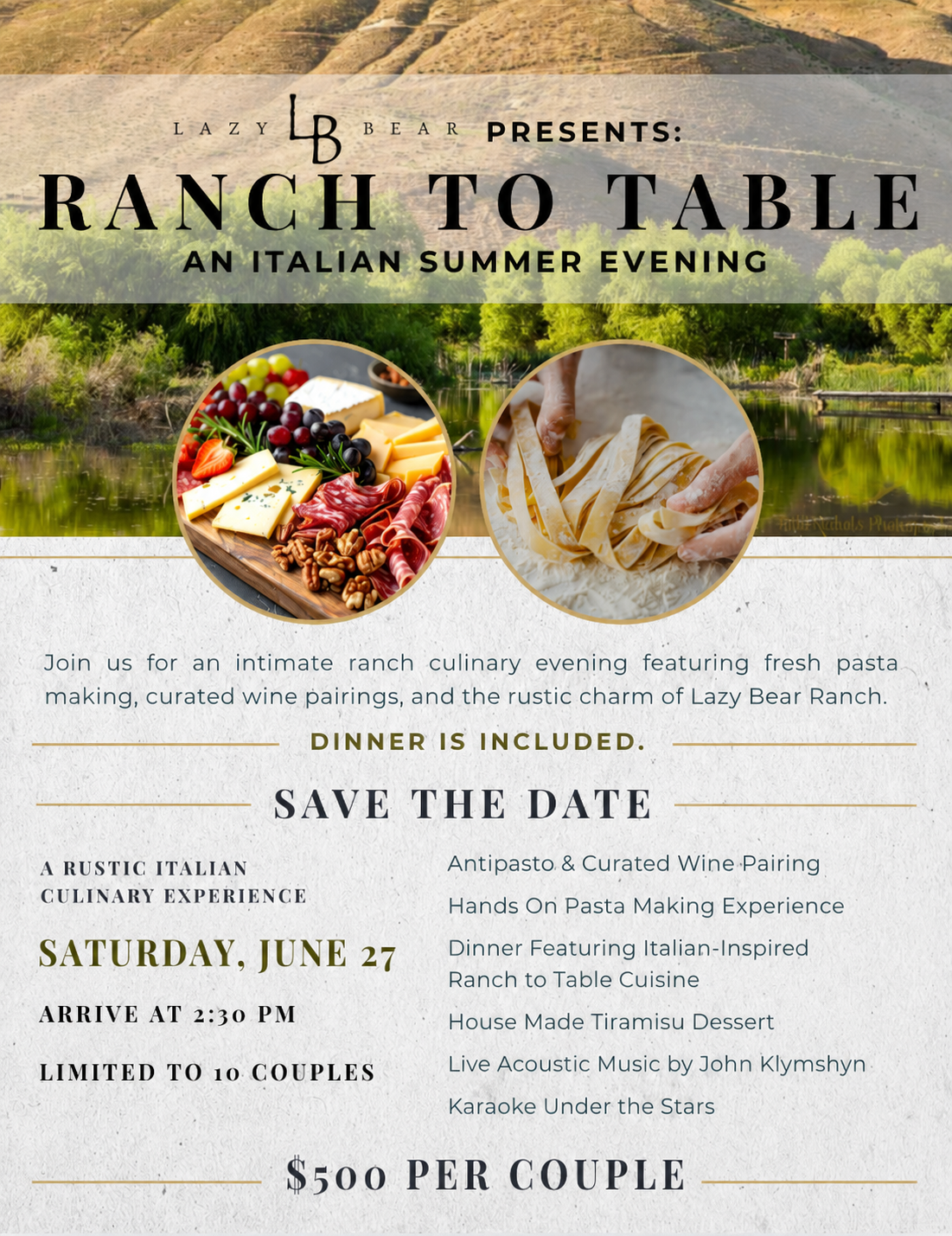 Ranch to Table Italian summer evening dinner flyer with food photos and event details on a rustic background