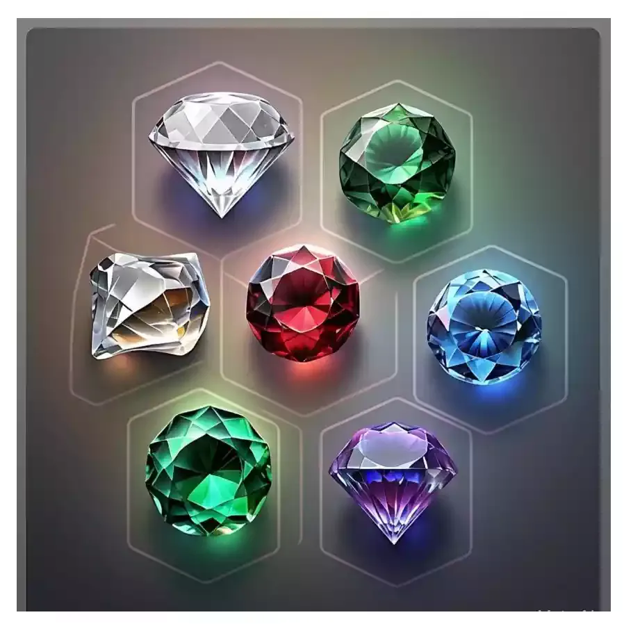 Six faceted gemstones in silver, green, red, blue, and purple on a gray background