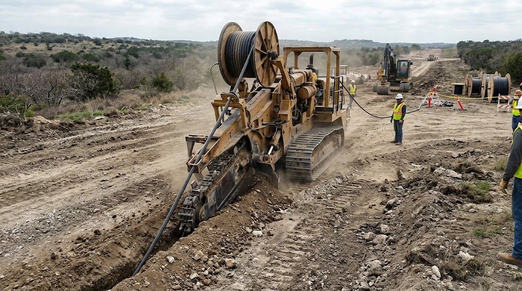 Cable plowing equipment installing underground utilities along an open corridor.