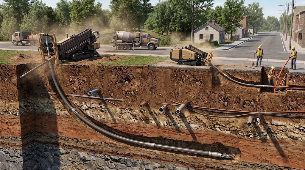 Cutaway view comparing horizontal directional drilling and directional boring for underground utility installation.