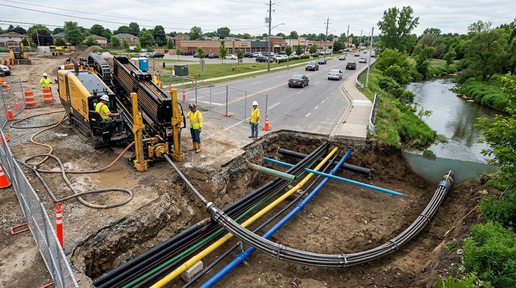 Horizontal directional drilling crew installing underground utility lines beneath a roadway near a river.
