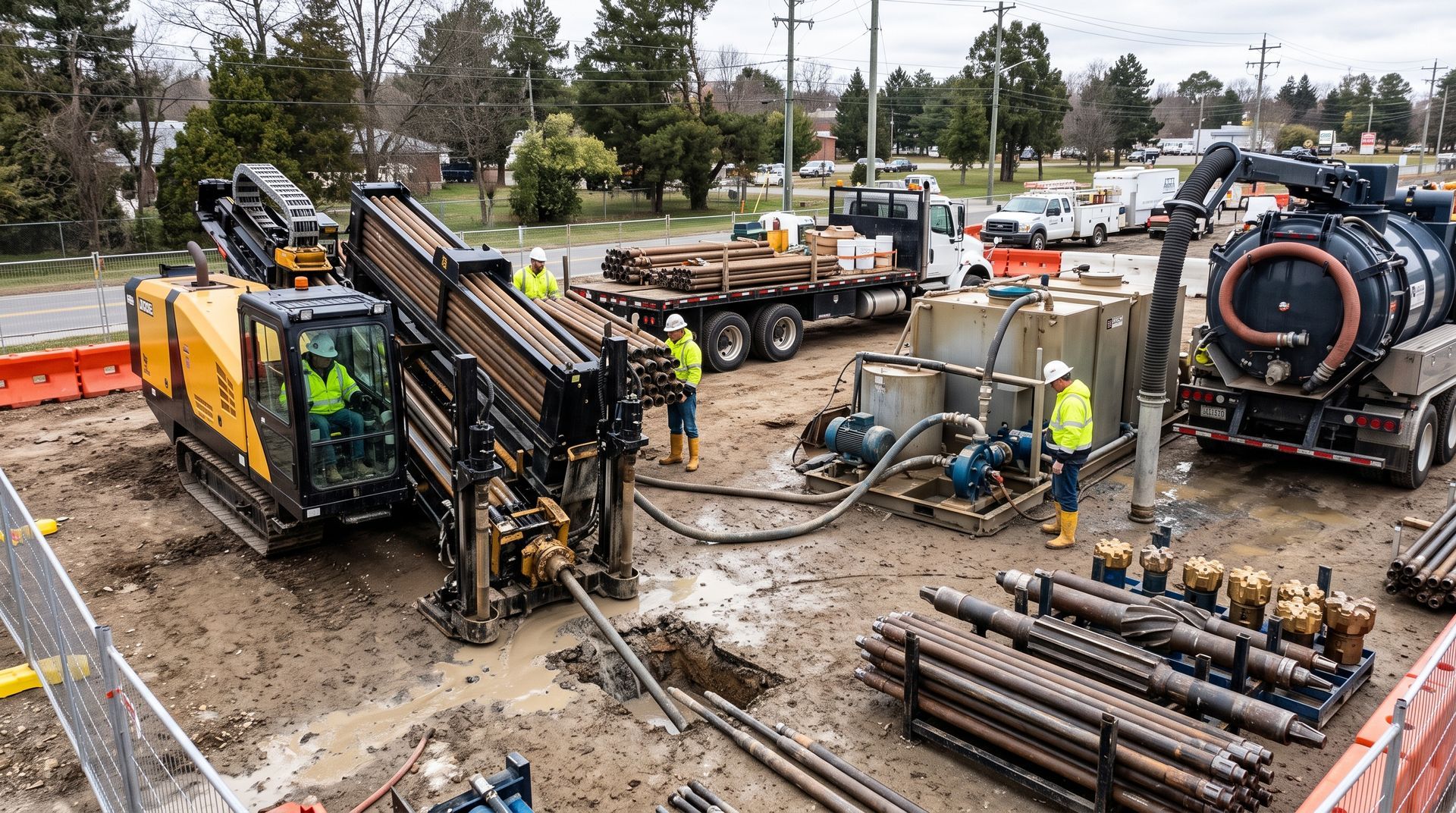 Horizontal directional drilling equipment and crew operating a drill rig, vacuum truck, and support systems.