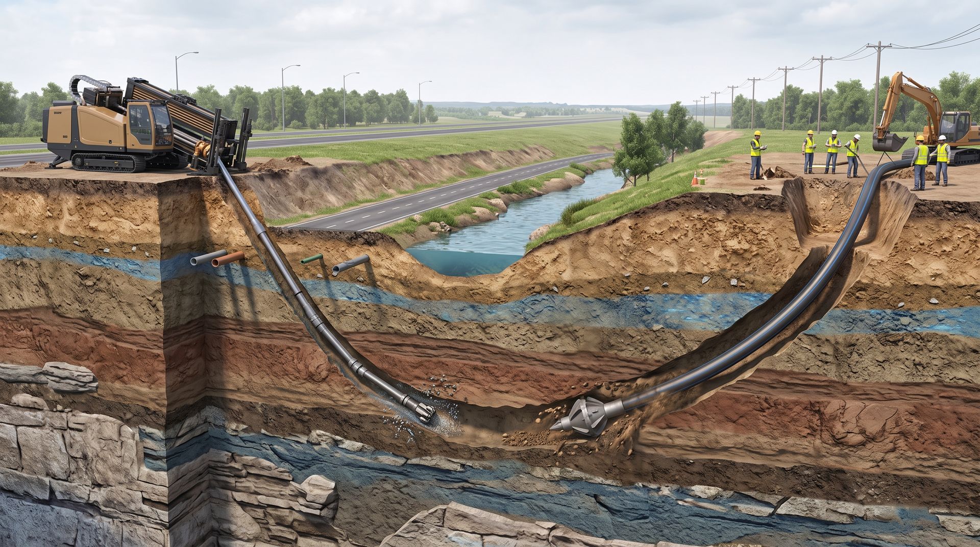 Cutaway view comparing horizontal directional drilling and directional boring for underground utility installation.
