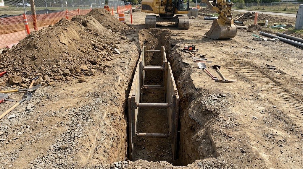 Excavated trench for underground utility installation using traditional open-cut methods.