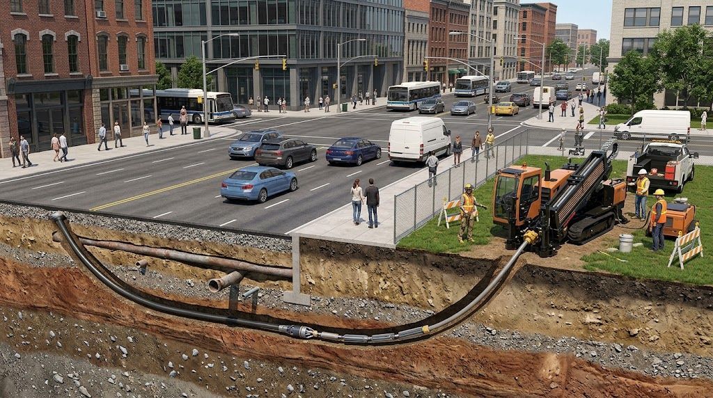 Directional drilling equipment installing underground utilities beneath a busy urban roadway with minimal surface disruption.