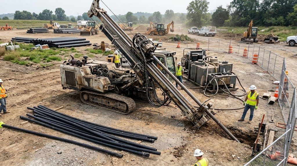 Directional boring equipment installing underground utilities with minimal surface disruption.