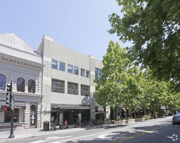 Sunny street with storefronts, leafy trees, and parked cars along a quiet urban block
