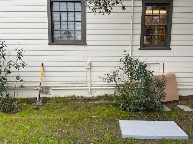 House exterior with windows, a shovel, shrubs, and a white panel on the lawn