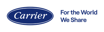 Carrier logo with blue oval and tagline “For the World We Share” in blue text