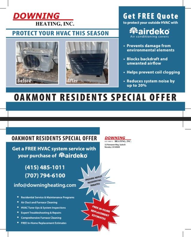 HVAC service ad for Oakmont residents, with blue panels, AC images, and a “Get FREE Quote” offer