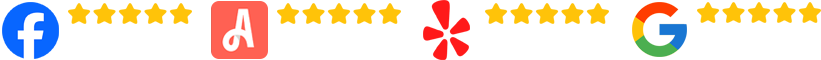 A row of app icons and logos, including Facebook, Yelp, Google, and others, on a white background