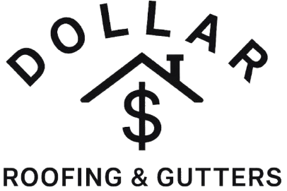 Dollar Roofing & Gutters logo with roof and dollar sign icon in black and white
