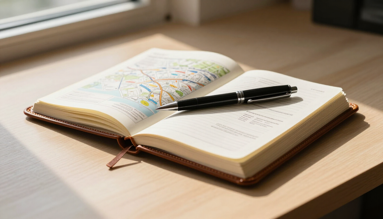 Professional business setting with notebook and documents