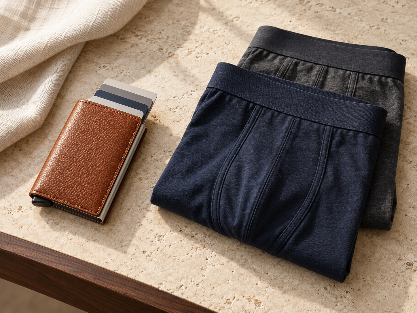Secrid wallet beside folded SAXX underwear on a neutral surface.