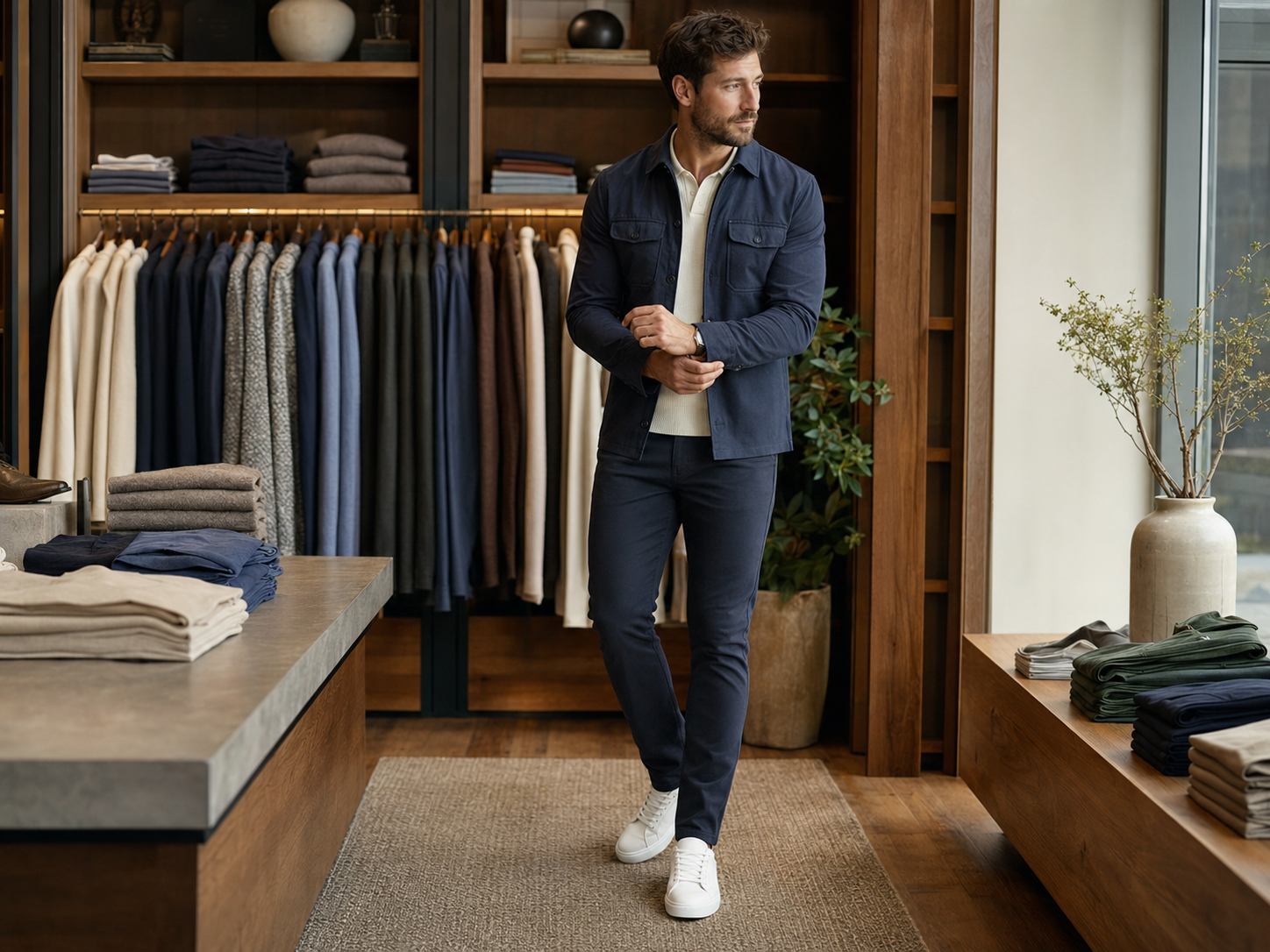 Man wearing polished athleisure with a knit jacket