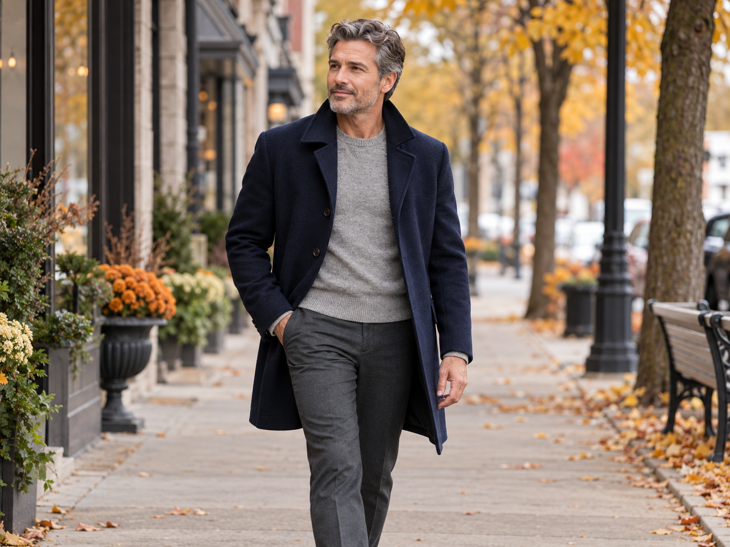 Man wearing a navy fall coat over a fine-knit sweater on an autumn street