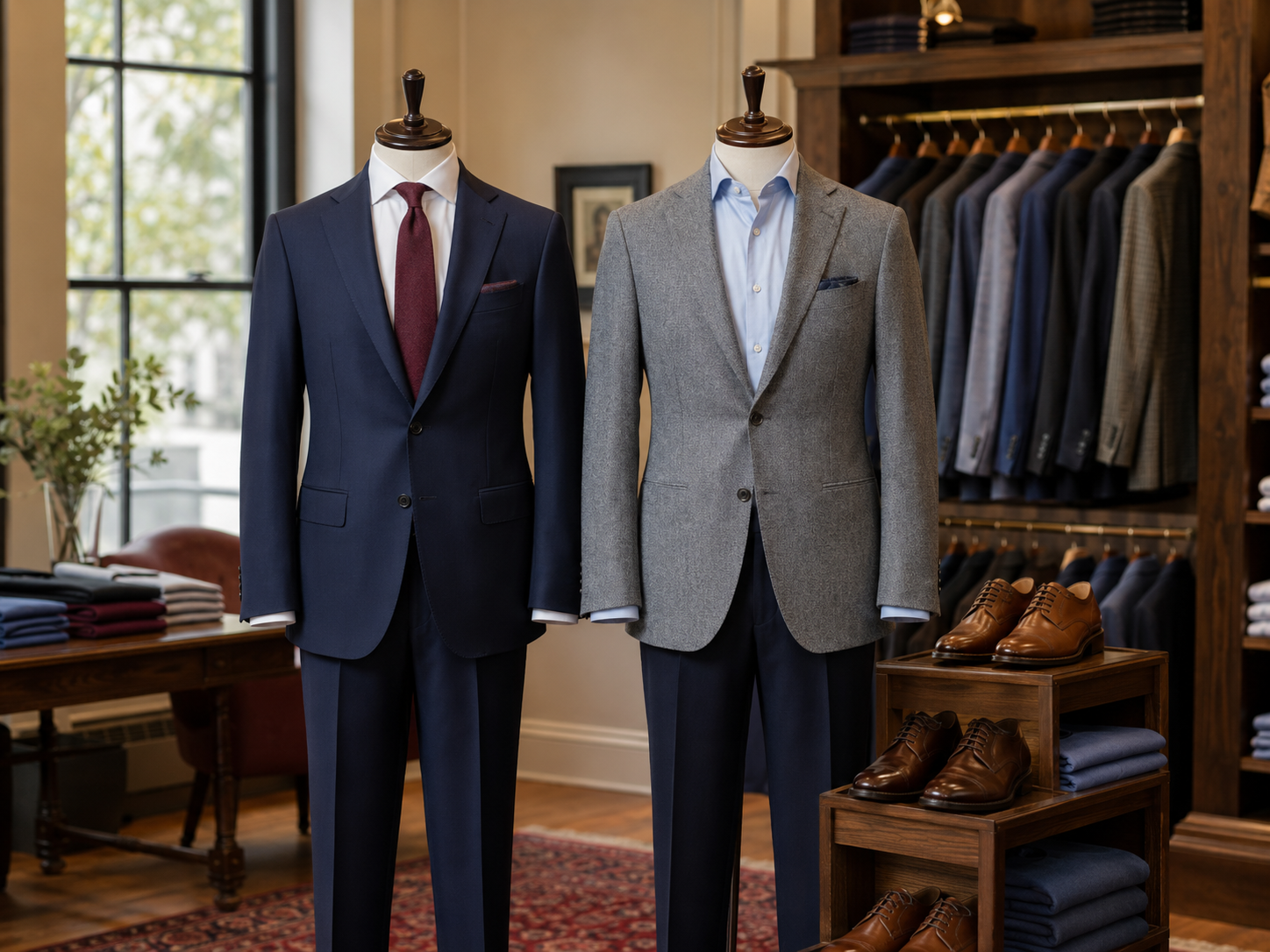Coordinated men’s suits, dress shirts and wedding accessories displayed