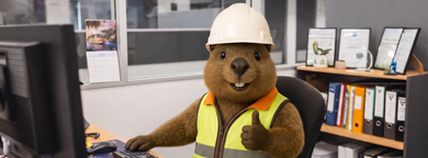 Stuffed beaver mascot wearing a white hard hat and yellow safety vest in an office setting