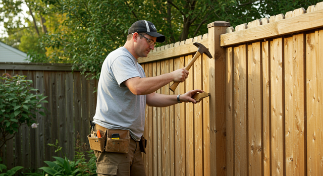 Man painting a wooden fence with a brush in a backyard.