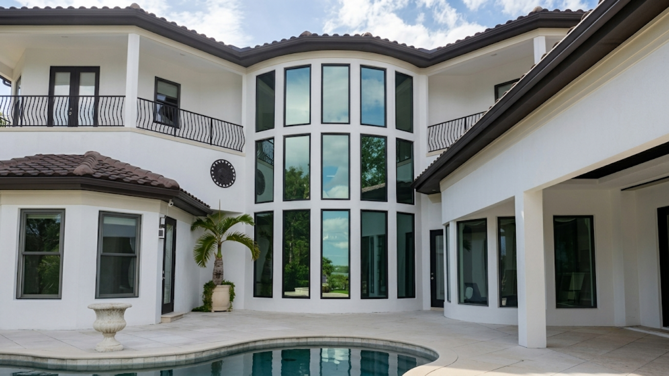 White house entrance with a covered porch, walkway, and tropical landscaping in bright daylight