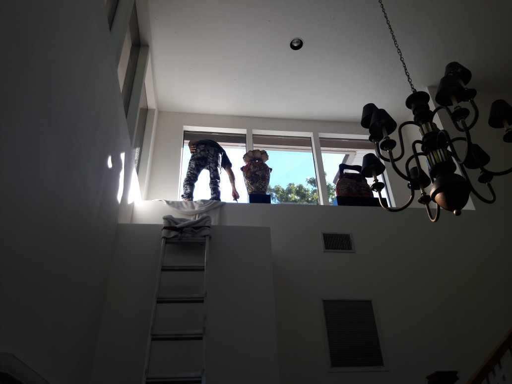 People silhouetted by a bright window at the top of a stairwell, with a ladder below.