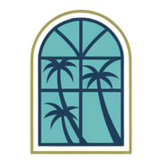 Stylized arched window with palm trees in teal, blue, and gold