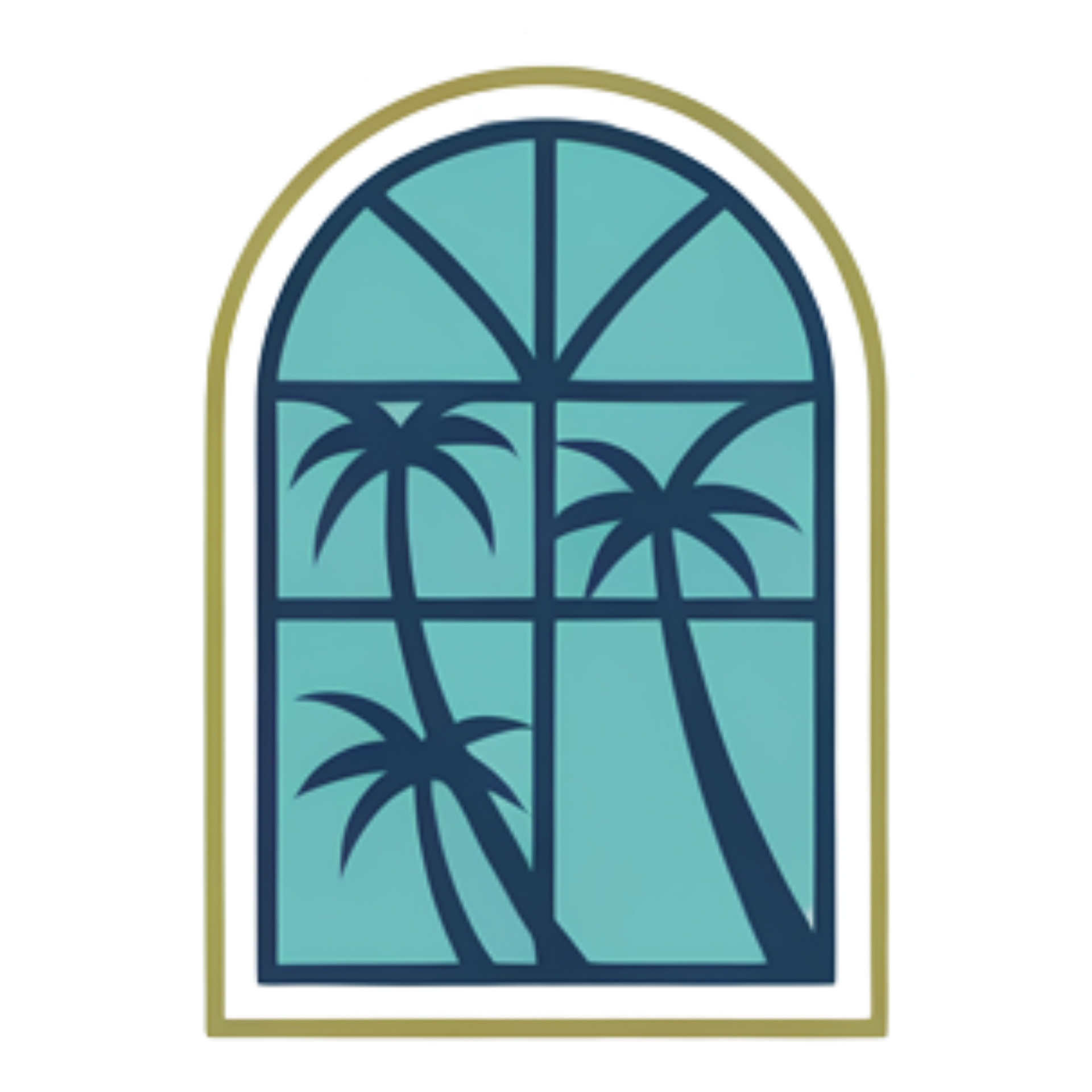 Stylized arched window with palm trees in teal, blue, and gold