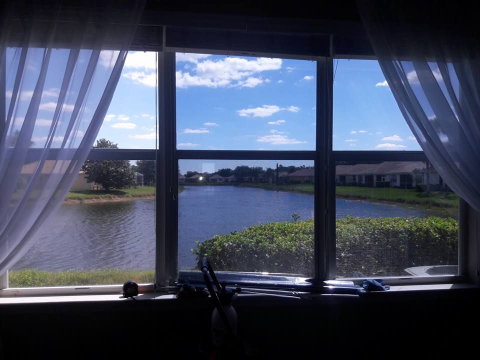 Window with sheer curtains overlooking a lake and blue sky over waterfront buildings