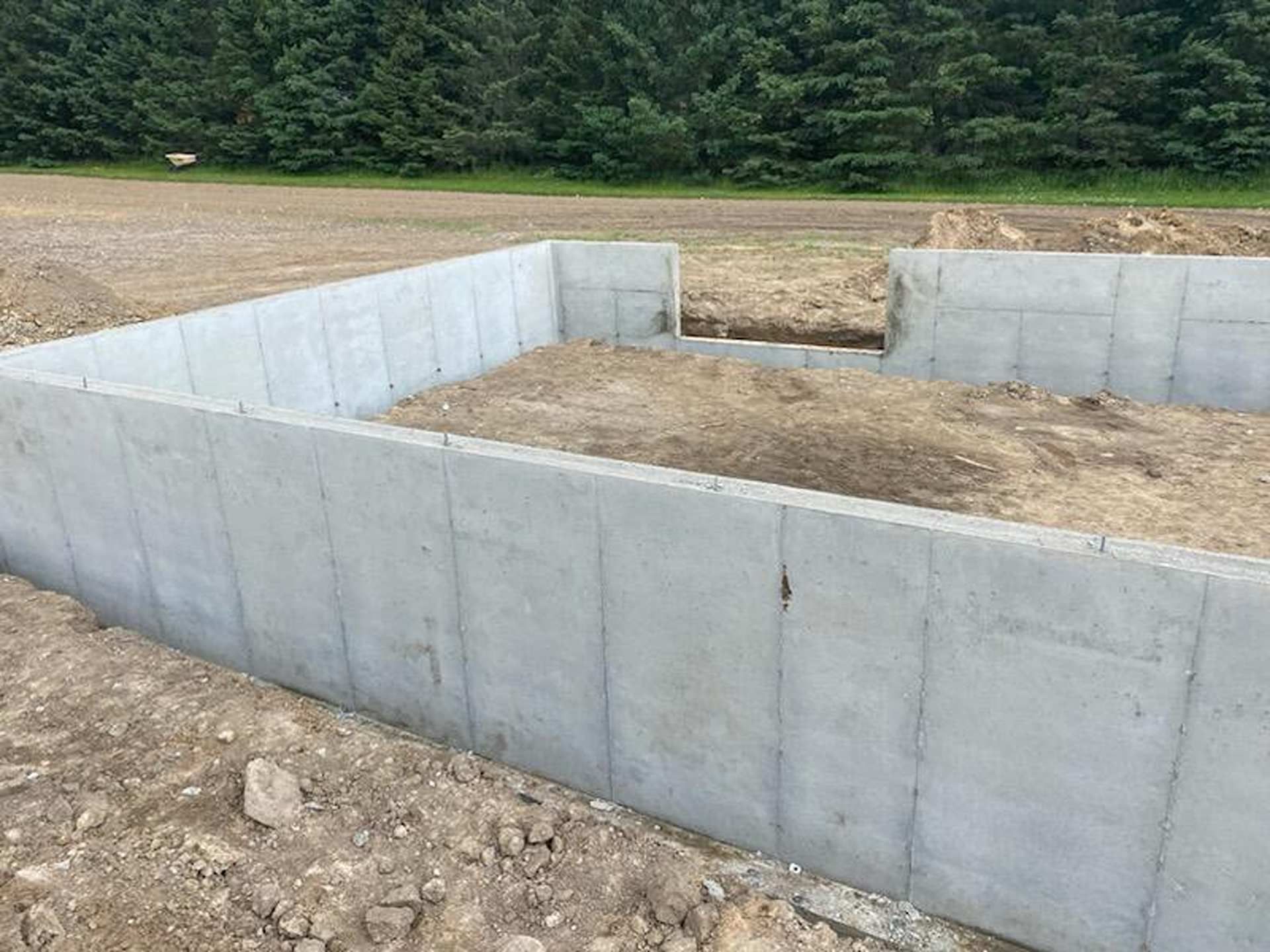 Newly poured concrete foundation walls at a construction site with a dirt floor and a forest backdrop.