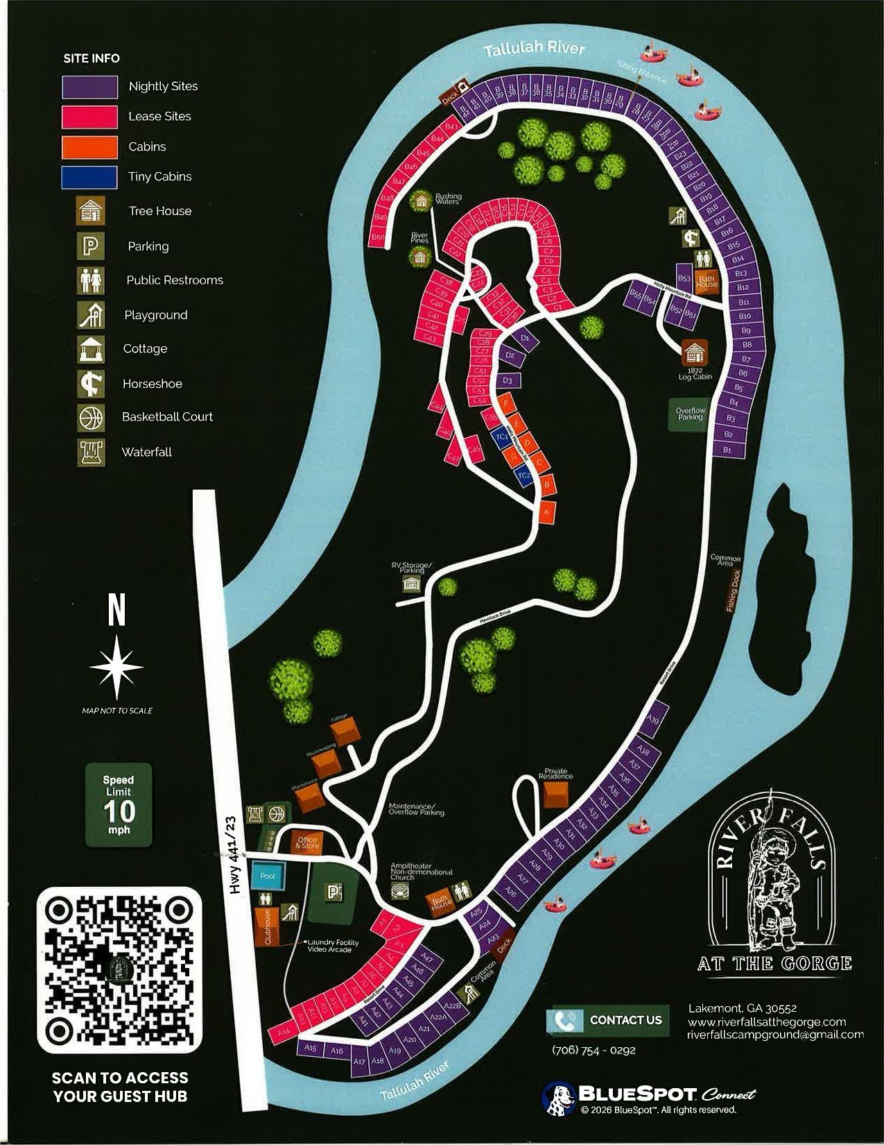 Color-coded hiking trail map with route loops, legend, compass, and QR code on a dark background