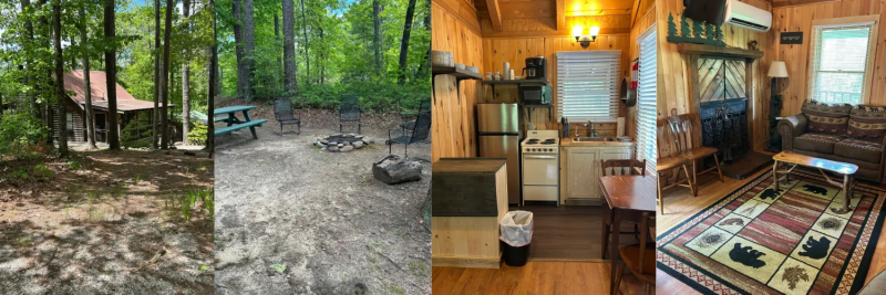 Collage of a wooded campsite, fire ring, and rustic cabin interior with warm wood decor