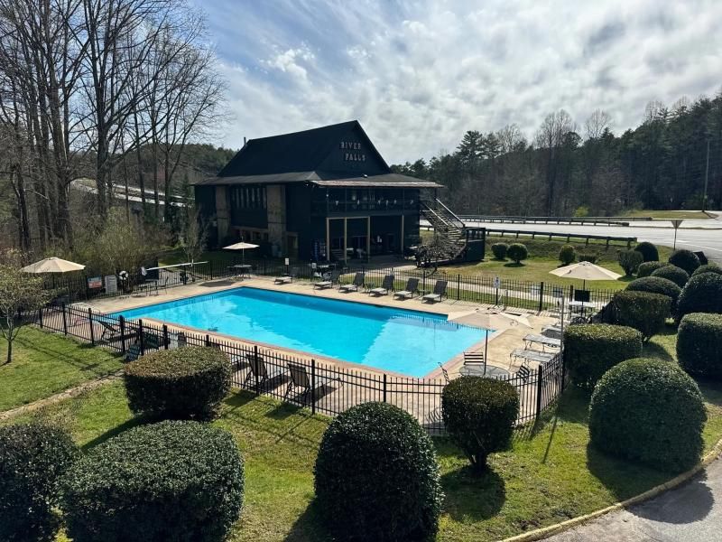 Backyard swimming pool beside a dark wood house, with trimmed shrubs and lounge chairs on a sunny day