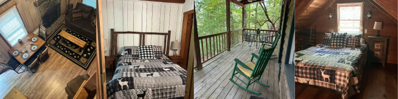 Four cozy cabin interiors with rustic wood walls, plaid bedding, and screened porches with rocking chairs