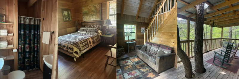 Rustic wooden cabin interior with loft bed, stone fireplace, staircase, and lake-view porch