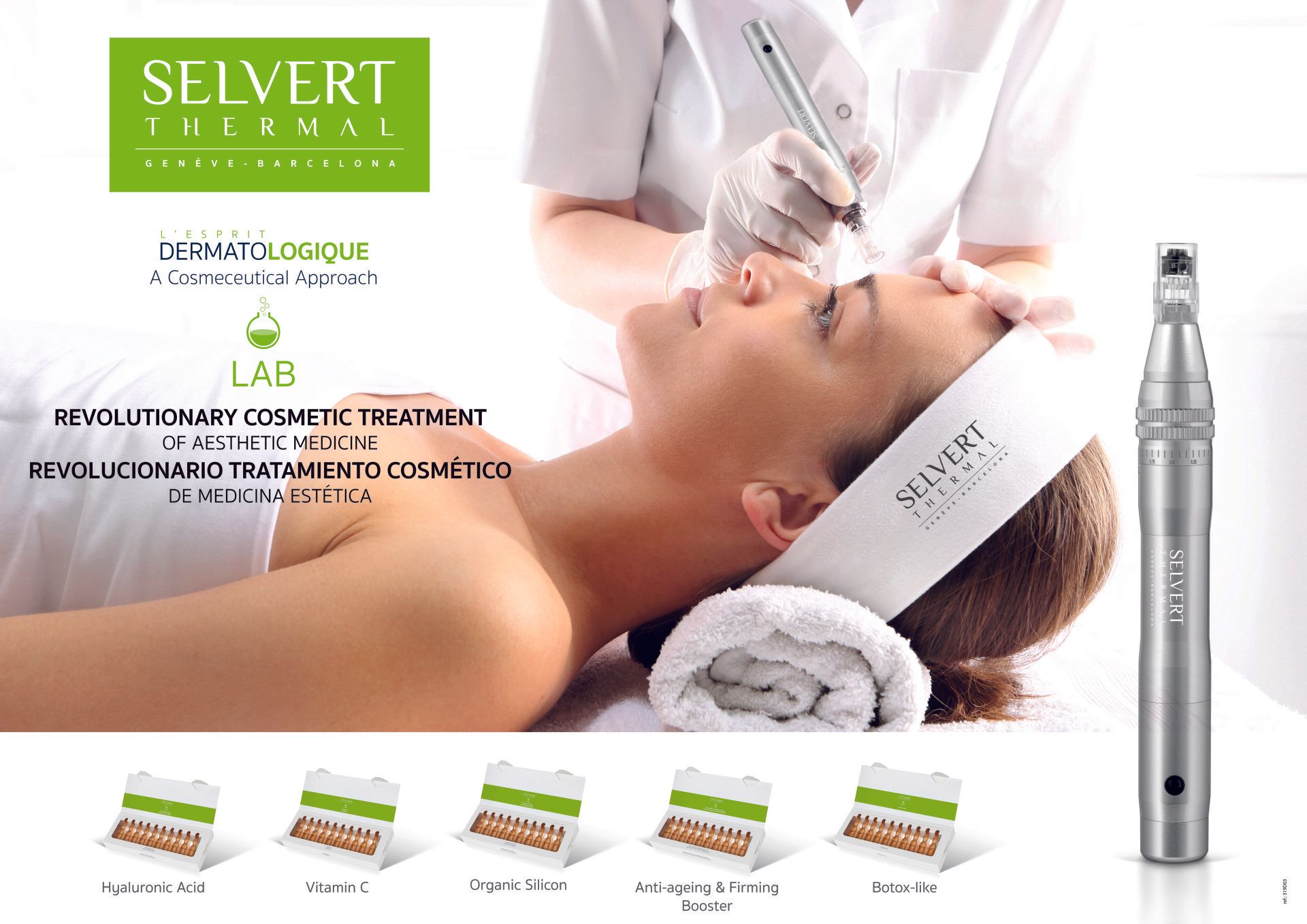 Persona che riceve un trattamento viso con un dispositivo del marchio Seivert Thermal. Marchio verde e bianco, sieri visibili.