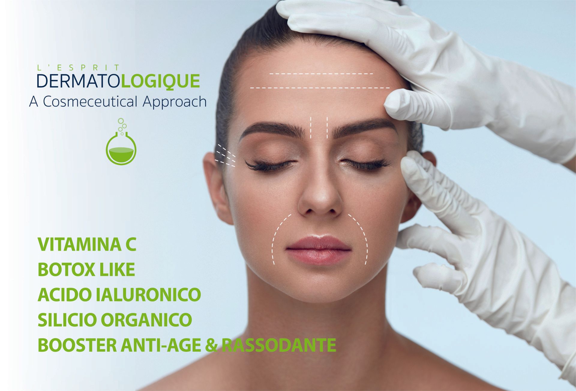 Volto di donna con linee tratteggiate e scritta: 