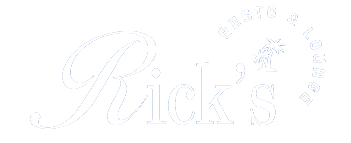 Logo for Rick's Resto & Lounge. White text on a blue background. Palm trees.
