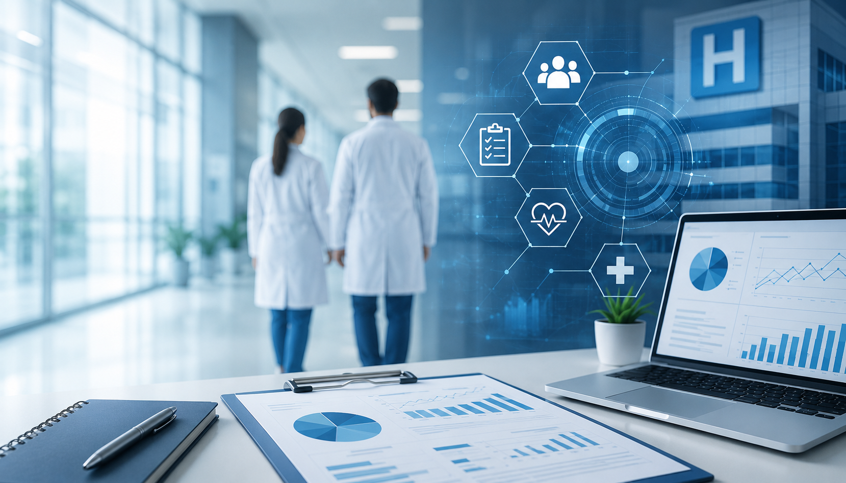 Médicos caminhando em um corredor iluminado de um hospital, com gráficos digitais de saúde e um laptop exibindo prontuários.
