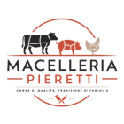 Logo della macelleria Piretti con mucche, maiale e gallina nei colori nero, rosso e beige.