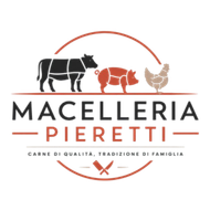 Logo della macelleria Piretti con mucche, maiale e gallina nei colori nero, rosso e beige.