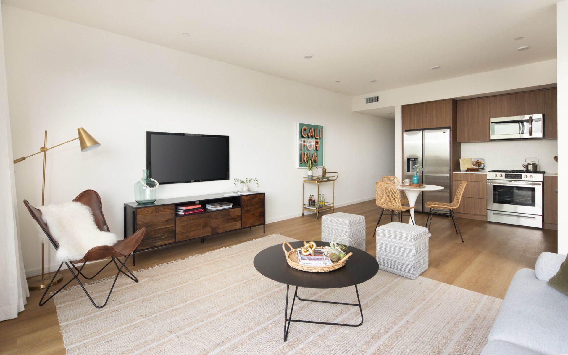 Open-concept living space with modern finishes and natural light in 1-bedroom unit