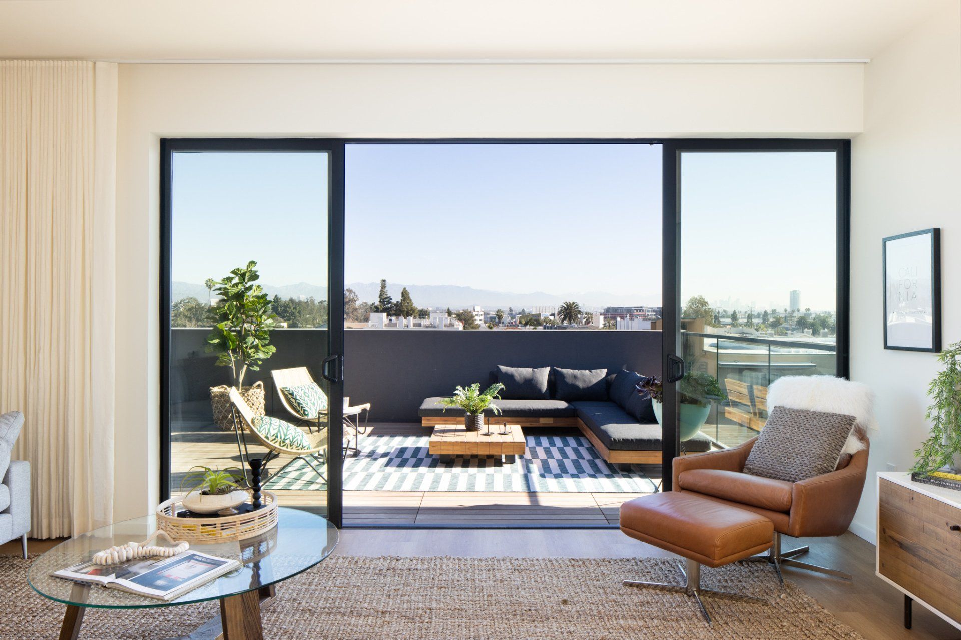 modern 3-bedroom apartment in LA Frame Downtown Culver city with bright natural light and modern interiors. Balcony with views of LA